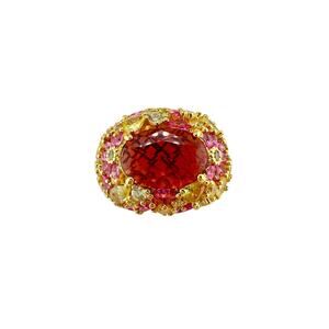 Pink Glass Oval Tutti Fruitti Vivid Multicolor Gold Tone Size 7 Cocktail Ring